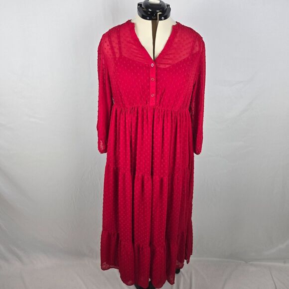 Torrid Dress Women's 0X 12 Red Midi Dot Chiffon Cottagecore Lagenlook 3/4 Sleeve - Picture 1 of 13